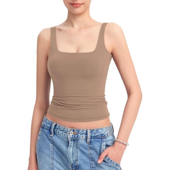 Alljoin Women Khaki Double Lined Square Neck Sleeveless Tank Top For Workout Gym - Picture 1 of 7